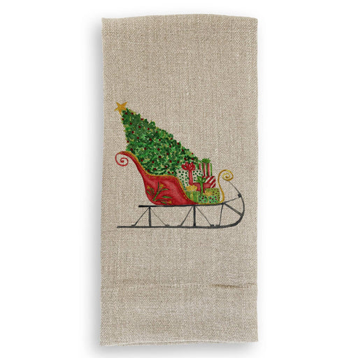 French Graffiti - Santa Sleigh: Natural Guest Towel featuring a festive sleigh with a Christmas tree and gifts, ideal for holiday kitchen decor.