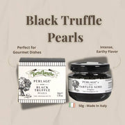 TartufLanghe - Truffle Perlage – Caviar-Style Pearls, 50g box and jar, showcasing award-winning black truffle pearls, perfect for gourmet dishes. Made in Italy, ideal for sophisticated cooking.