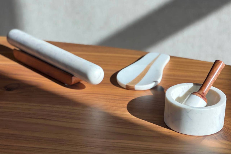 Verve Culture - White Marble Rolling Pin with Wood Base, showcased with marble spatula and mortar, enhancing kitchen aesthetics and functionality.