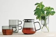 HARIO USA - HARIO Colors Glass Coffee and Tea Server, 600ml: Grey, with a conical teapot steeping tea, accompanied by glass cups and a vase with greenery.