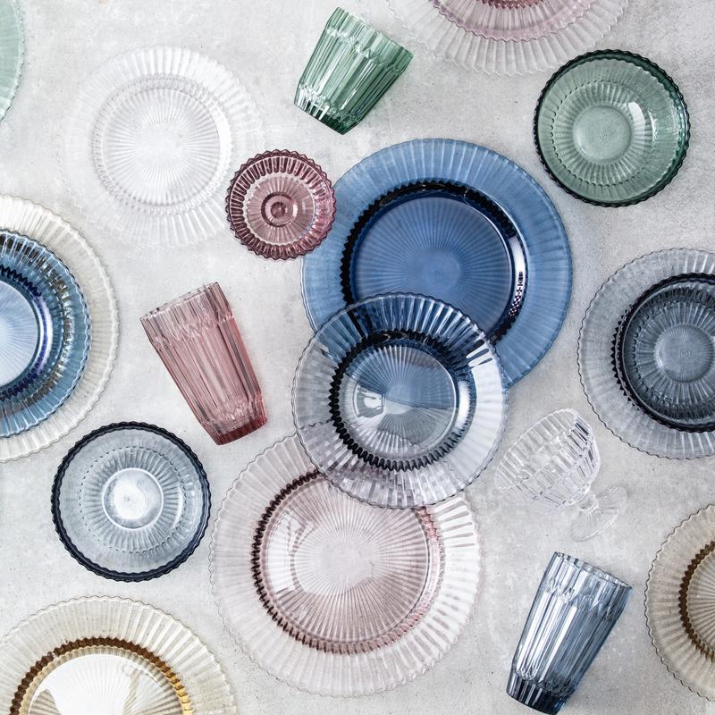 Fortessa Archie Cornflower 10oz Footed Dessert Bowl, part of a glass dish collection, showcased in a kitchenware setting. Perfect for elegant dessert presentation.