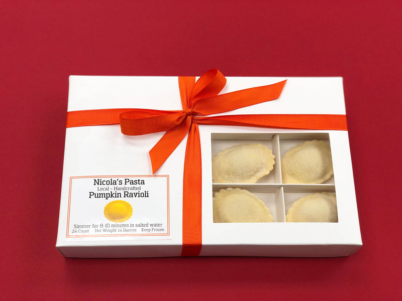 Nicola's Marketplace - Pumpkin Ravioli in a windowed box with an orange ribbon, featuring handcrafted ravioli made from local, premium ingredients, ideal for gifting or gourmet meals.