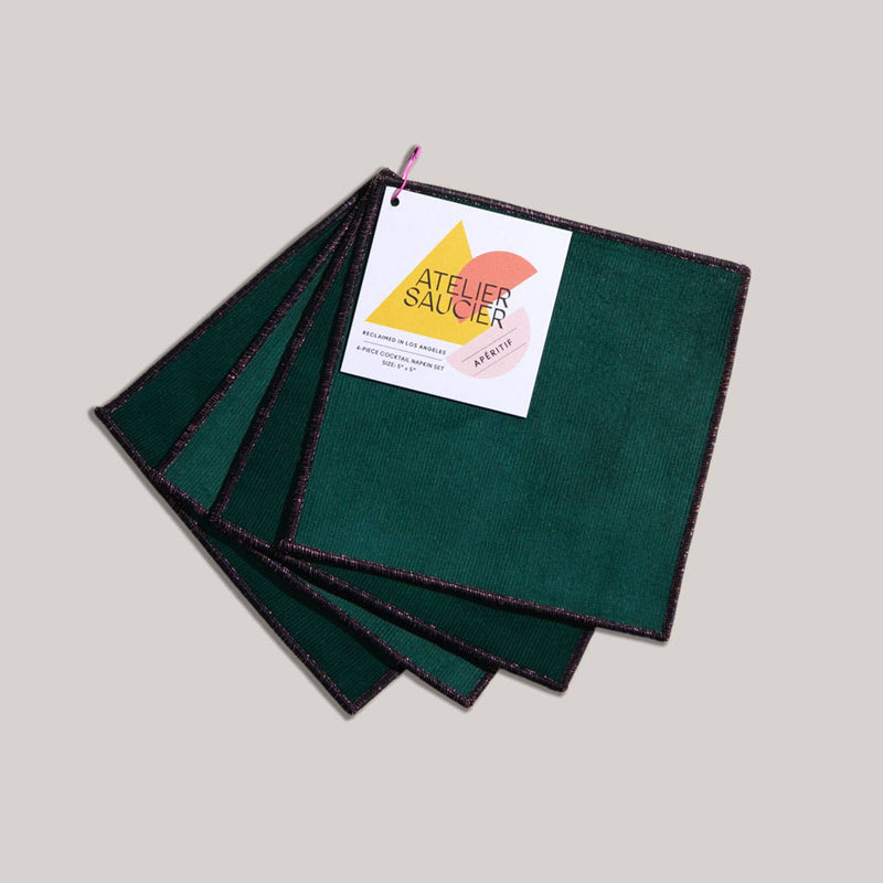 ATELIER SAUCIER - Bird of Paradise Cocktail Napkins | Set of 4, featuring dark-green and fuchsia corduroy with contrasting stitching, ideal for enhancing any cocktail experience.