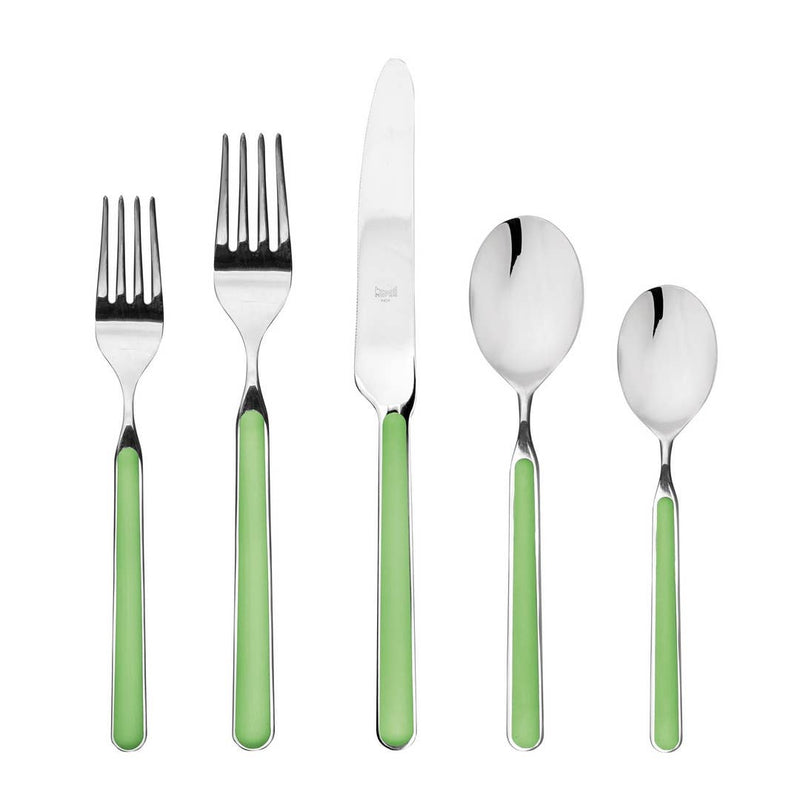 Mepra SPA - Place Set 5 Pcs Fantasia: Turtle-dove silverware with green handles, featuring elegant 18/10 stainless steel and durable resin construction, designed for long-lasting use.