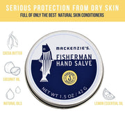 MacKenzie's Fisherman Hand Salve 1.5 oz tin, featuring natural ingredients like cocoa butter and coconut oil, offers serious dry skin protection with a fresh lemon scent.