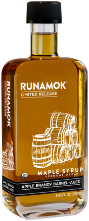 Runamok - LIMITED RELEASE Apple Brandy Barrel-Aged Organic Maple Syrup in a rectangular glass bottle, perfect for enhancing fall and winter breakfasts.