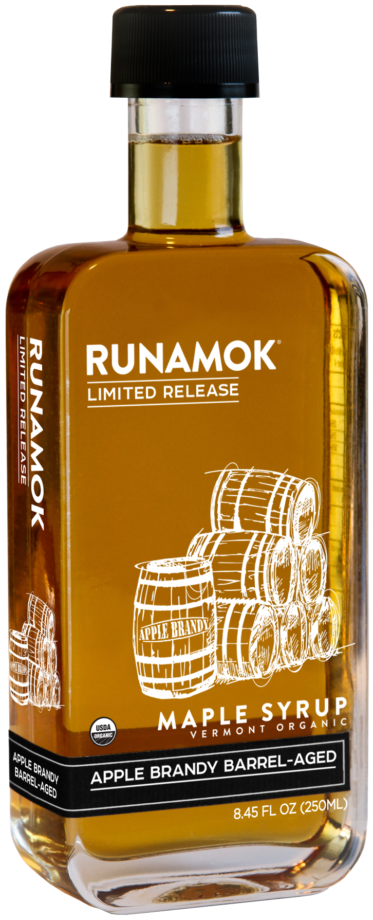 Runamok - LIMITED RELEASE Apple Brandy Barrel-Aged Organic Maple Syrup in a rectangular glass bottle, perfect for enhancing fall and winter breakfasts.