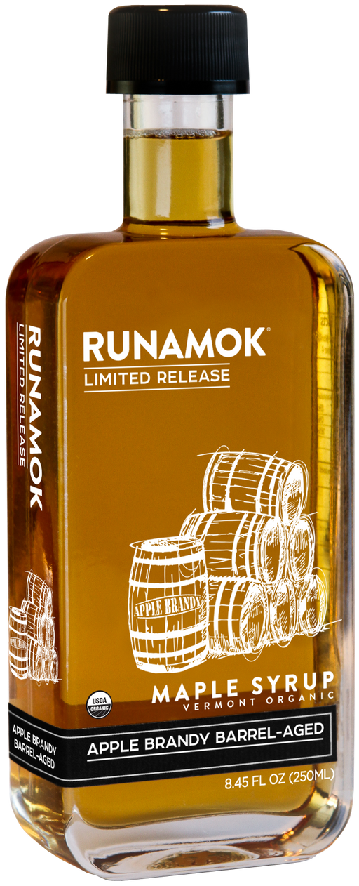 Runamok - LIMITED RELEASE Apple Brandy Barrel-Aged Organic Maple Syrup in a rectangular glass bottle, perfect for enhancing fall and winter breakfasts.