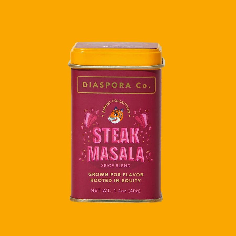 Diaspora Co. Spices - Steak Masala can with a cartoon tiger face on label, featuring a blend of aromatic spices for versatile cooking.
