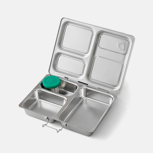 PlanetBox - Launch Stainless Steel Lunch Box, featuring a green lid and spacious compartments, designed for larger appetites with durable, dishwasher-safe construction.
