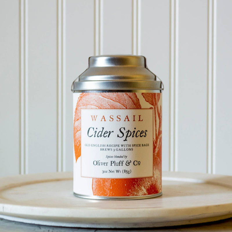 Oliver Pluff & Company - Cider Spices Wassail Kit in a metal canister, ideal for crafting three gallons of traditional spiced cider with included muslin sachets.
