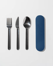 W&P - Stainless Steel Utensils Set in Silicone Carry Case: Terrazzo Charcoal, featuring a compact fork, knife, and spoon for travel, with a tidy silicone case.