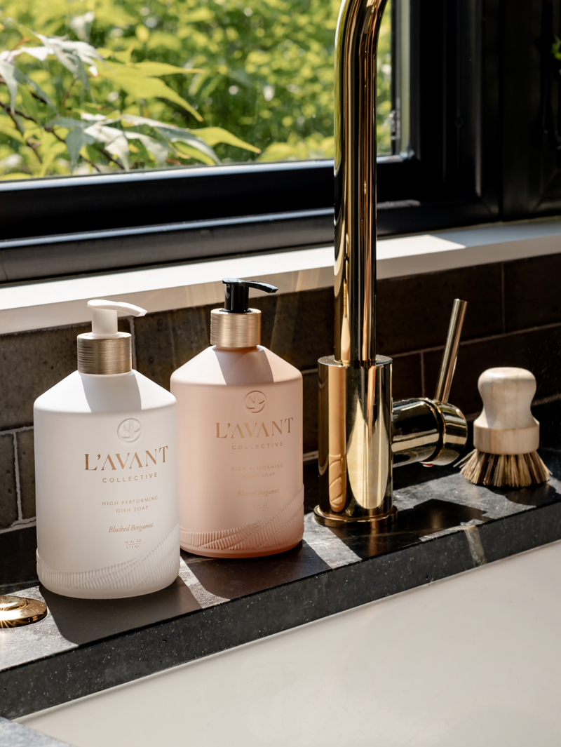 L'AVANT Collective - High Performing Dish Soap - Blushed Bergamot in matte white glass bottle on counter, part of Athens Cooks' curated kitchen collection.