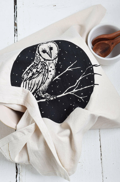 Hearth and Harrow - Organic Cotton Barn Owl Tea Towel - Black Print - Bird Kitch.