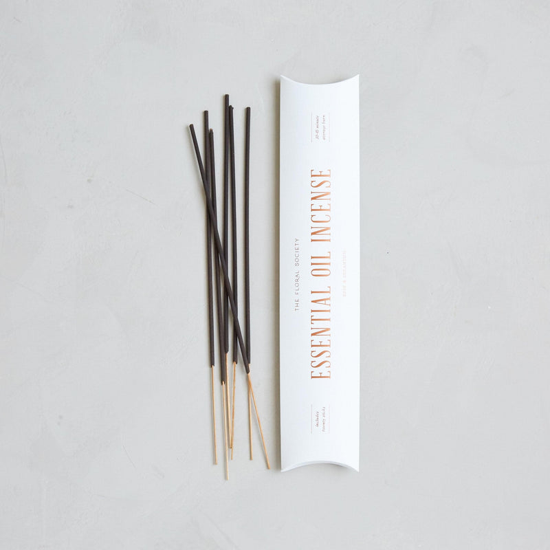 The Floral Society | Essential Oil Incense set includes handcrafted incense sticks and packaging, featuring Lavender, Lemon Eucalyptus, and Rosemary scents, designed for a calming atmosphere.
