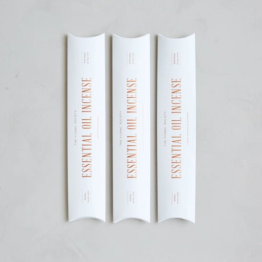 The Floral Society's Essential Oil Incense in Lavender, Lemon Eucalyptus, Rosemary scent, featuring three elegant packages, each with twenty hand-dipped sticks for relaxation.