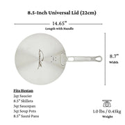 Hestan Provisions | Commercial Clad Stainless Steel Universal Lid, 8.5 Inches, featuring steam-vent holes, branded engraving, and compatibility with various cookware sizes.
