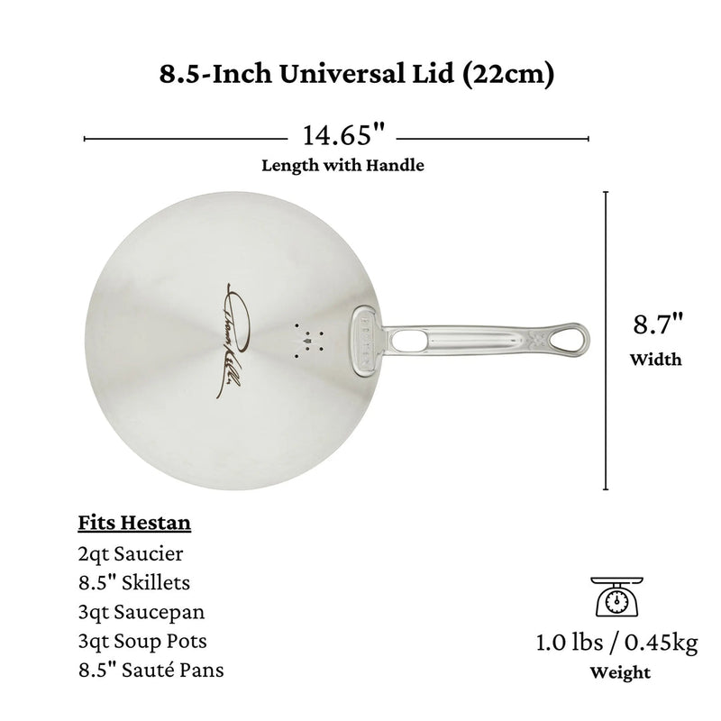 Hestan Provisions | Commercial Clad Stainless Steel Universal Lid, 8.5 Inches, featuring steam-vent holes, branded engraving, and compatibility with various cookware sizes.