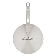 Hestan | Commercial Clad Stainless Steel Universal Lid, 12.5 Inches, featuring Chef Keller's signature and Hestan logo with steam vent, underside view with welded handle.