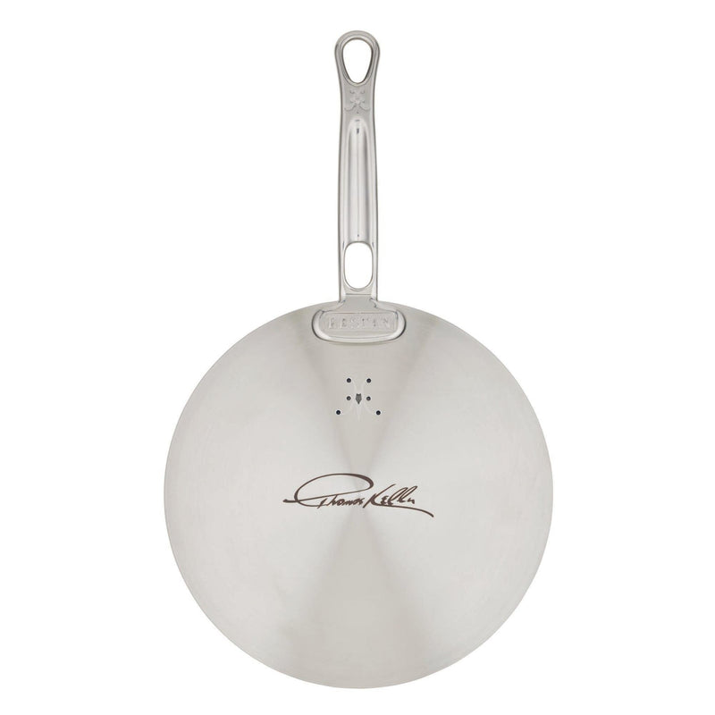 Hestan | Commercial Clad Stainless Steel Universal Lid, 12.5 Inches, featuring Chef Keller's signature and Hestan logo with steam vent, underside view with welded handle.