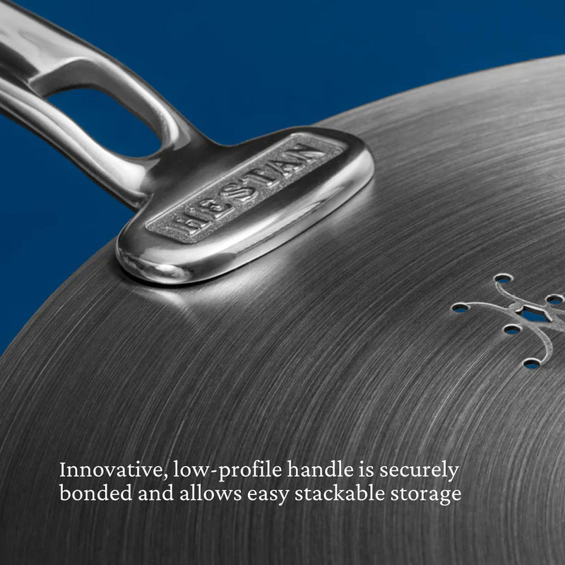 Hestan Provisions | Commercial Clad Stainless Steel Universal Lid, 8.5 Inches, features a low-profile, bonded handle for stackable storage and a steam vent for pressure control.