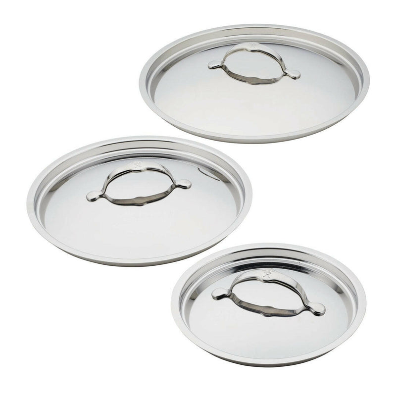 Hestan Provisions | Stainless Steel Lids - Dome - 14 set featuring three tri-ply lids with ergonomic handles for various cookware, ideal for versatile cooking.