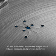 Hestan Provisions | Commercial Clad Stainless Steel Universal Lid, 8.5 Inches, showcasing steam-vent cutouts and etched curves for efficient cooking and eco-friendly design.
