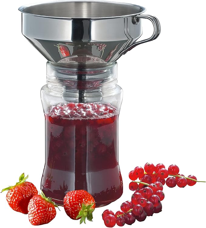 Küchenprofi | Wide Mouth Canning Funnel with Mesh Filter in glass jar, ideal for straining sauces or oils, featuring durable stainless steel construction.