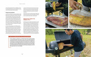 Franklin Smoke cookbook spread: guides on smoking brisket, prepping with mustard and seasoning, and loading into a smoker, showcasing backyard grilling by Aaron Franklin.