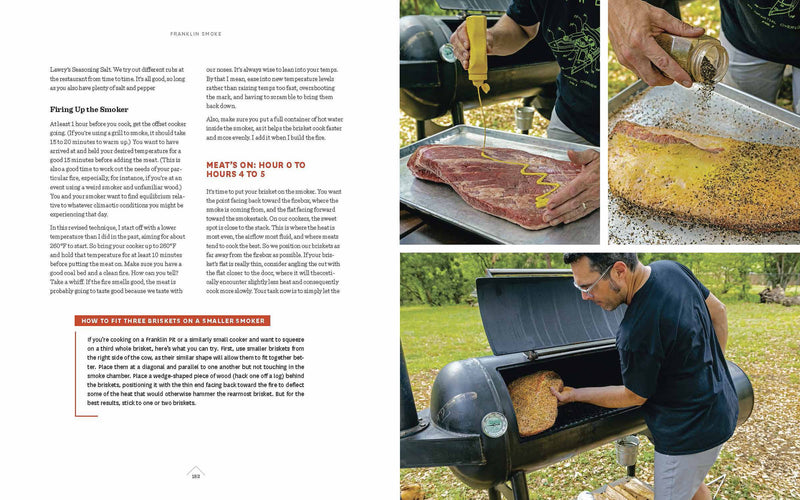 Franklin Smoke cookbook spread: guides on smoking brisket, prepping with mustard and seasoning, and loading into a smoker, showcasing backyard grilling by Aaron Franklin.