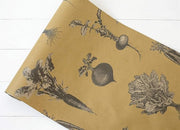 Hester & Cook | Farmer's Market Runner featuring vegetable and flower drawings on brown wrapping paper, ideal for enhancing kitchen decor.