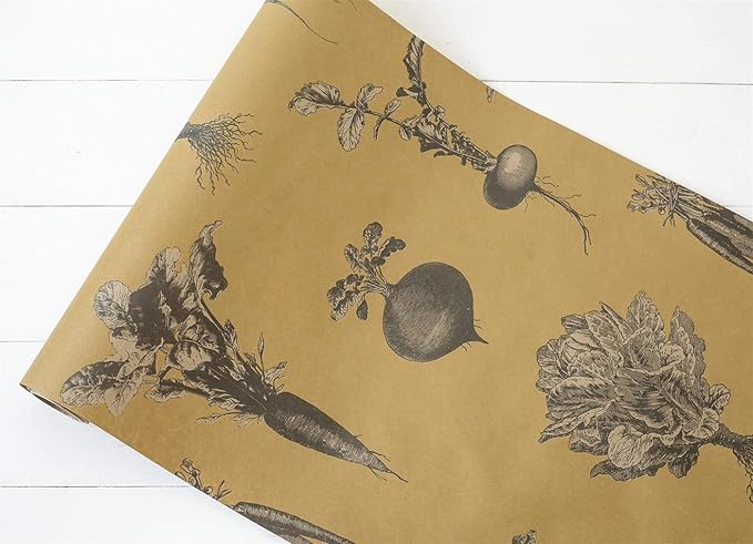 Hester & Cook | Farmer's Market Runner featuring vegetable and flower drawings on brown wrapping paper, ideal for enhancing kitchen decor.