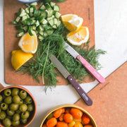Opinel | Essential Serrated Knife, Apple Green, featured in a prep scene with diced cucumber, fresh dill, lemon wedges, olives, and small peppers, ideal for precise cutting tasks.