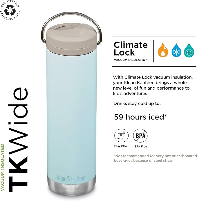 Klean Kanteen 20oz TKWide Insulated Water Bottle with Twist Cap, featuring a black handle and sleek design. Ideal for versatile hydration needs.