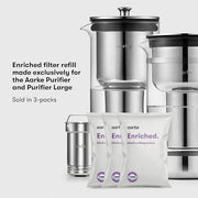 Aarke Enriched Filter Refill Granules 3 Pack displayed with sleek silver containers, showcasing modern kitchen aesthetics for Carbonator models.