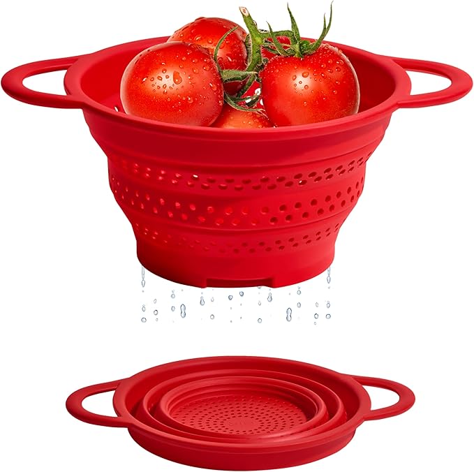 GIR Get It Right | GIR Collapsible Colander & Steamer: Red holds tomatoes, shown expanded with water dripping and flattened for compact storage, emphasizing its sturdy, space-saving design.