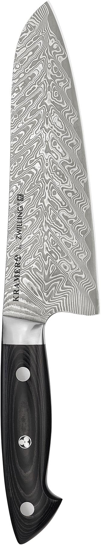 Zwilling J.A. Henckels Bob Kramer Damascus Santoku Knife with distinctive patterned blade, ideal for precision cooking, featured at Athens Cooks kitchen store.