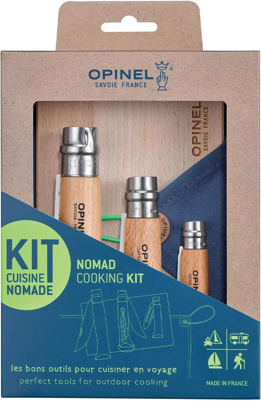 Opinel Nomad Cooking Kit includes three fold-up knives, a cutting board, and a cloth pouch, ideal for outdoor cooking. Perfect for camping or picnics.