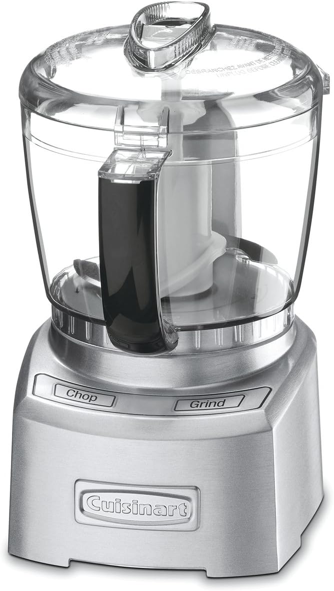 Cuisinart | Elite Collection 4 Cup Chopper Grinder, a silver food processor with a clear lid, featuring SmartPower™ and BladeLock™ systems for safe chopping and grinding.