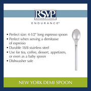 New York Demi Spoon, a sleek 4.5-inch stainless steel utensil, ideal for espresso, tea, or desserts, showcased on a plain background.
