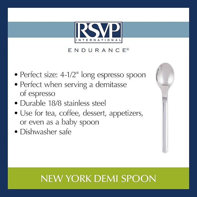 New York Demi Spoon, a sleek 4.5-inch stainless steel utensil, ideal for espresso, tea, or desserts, showcased on a plain background.