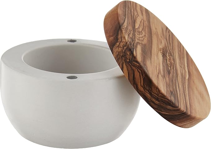 Bérard | Salt Keepers - Concrete: A ceramic container with a wooden lid, designed for easy one-handed use, perfect for storing spices or salt.