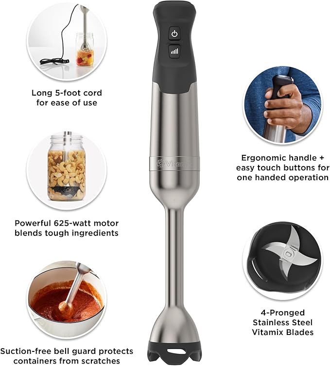 Vitamix | Immersion Blender Bundle with 625-watt motor, shown with attachments and a jar of cashew nuts, ideal for versatile kitchen tasks.