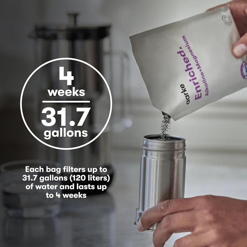 A person pours Aarke Enriched Filter Refill Granules into a metal container, showcasing its sleek design for Carbonator models.