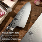 Shun | Premier Starter Set, Walnut, 3-Piece: Close-up of two Japanese kitchen knives on wood, showcasing Tsuchime texture and Damascus pattern, next to sliced radishes on a cutting board.
