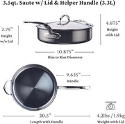 Hestan NanoBond | Cookware - 3.5qt Sauté Pan + Lid diagram, showcasing dimensions and features like NanoBond technology, helper handle, and fitted lid, emphasizing durability and performance.