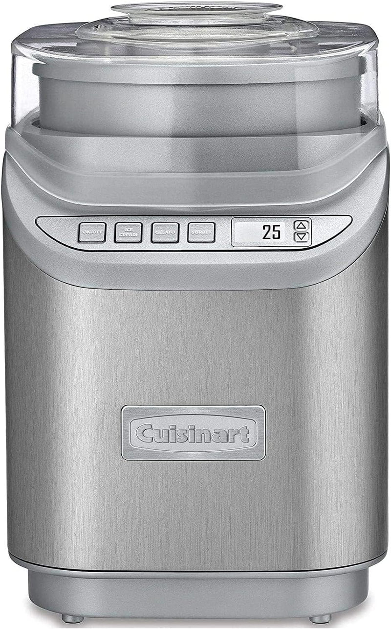 Cuisinart | Cool Creations 2 Quart Ice Cream Maker with sleek brushed metal design, featuring one-button operation and digital LCD for homemade frozen treats.