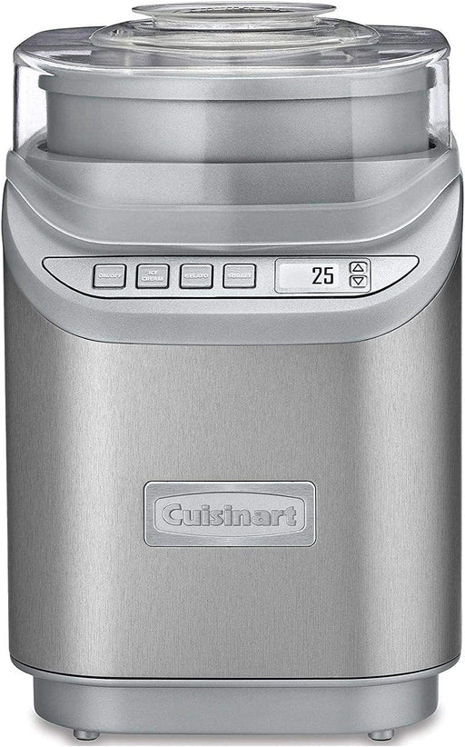 Cuisinart | Cool Creations 2 Quart Ice Cream Maker with sleek brushed metal design, featuring one-button operation and digital LCD for homemade frozen treats.
