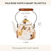 Mackenzie Childs | White Wild Rose Tea Kettle, 2 QT., featuring an ivory floral design, wooden handle, and rose knob, ideal for elegant kitchen displays or use.