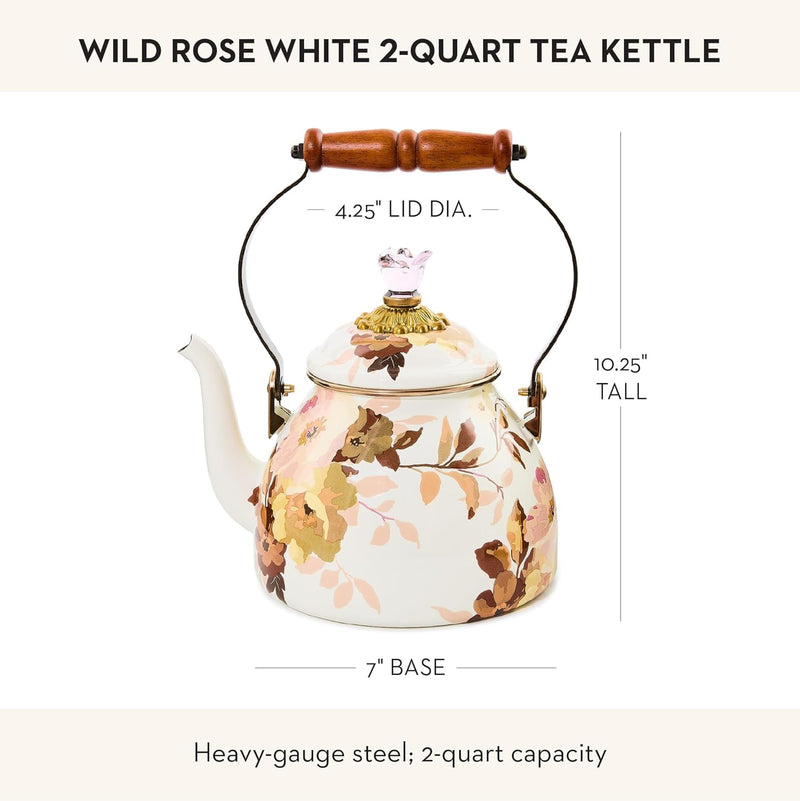 Mackenzie Childs | White Wild Rose Tea Kettle, 2 QT., featuring an ivory floral design, wooden handle, and rose knob, ideal for elegant kitchen displays or use.